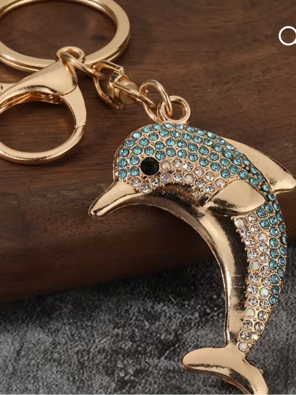 Gold Dolphin Keychain with Blue Crystal Accents
